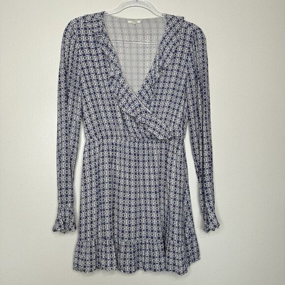 Tularosa x Revolve Ruffle Mini Dress Blue White Size S Surplice Long Sleeve - Picture 1 of 11